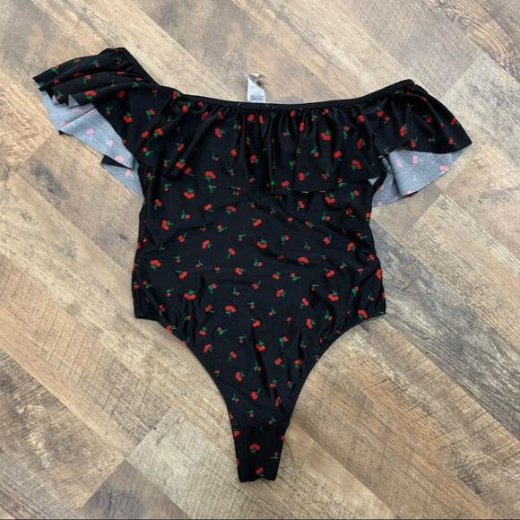 REVAMPED Cherry Print Off Shoulder Ruffle Front One Piece Swimsuit - Picture 2 of 10